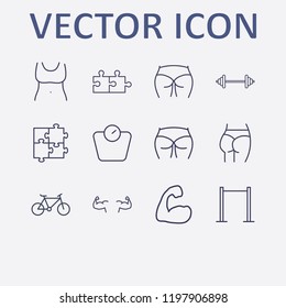 Outline 12 fit icon set. barbell, pull up, bodybuilder, jigsaw, puzzle and muscle vector illustration