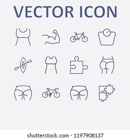 Outline 12 fit icon set. rowing, jigsaw, fit woman body, bike, ass figure and puzzle vector illustration