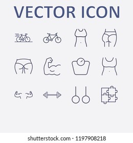 Outline 12 fit icon set. bodybuilder, barbell, fit woman body, ass figure, puzzle and sport ring vector illustration