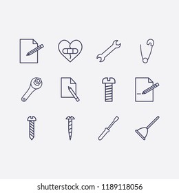 Outline 12 fix icon set. wrench, document edit, edit document, safety pin, screwdriver, toilet pump, screw and broken heart with plaster vector illustration