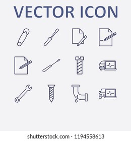 Outline 12 fix icon set. broken pipe, screwdriver, diagnostic, edit document, screw and document edit vector illustration