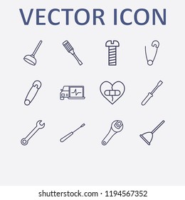 Outline 12 fix icon set. wrench, broken heart with plaster, diagnostic, screw, safety pin and toilet pump vector illustration