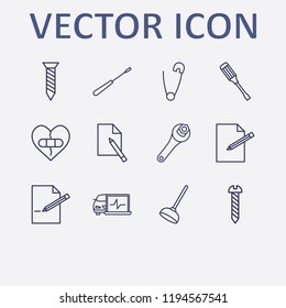 Outline 12 fix icon set. edit document, broken heart with plaster, toilet pump, diagnostic, safety pin and screwdriver vector illustration