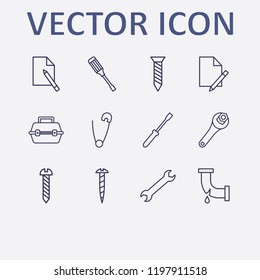 Outline 12 fix icon set. wrench, tool box, screw, safety pin, document edit and broken pipe vector illustration