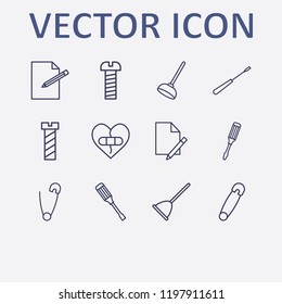 Outline 12 fix icon set. screwdriver, toilet pump, edit document, safety pin, broken heart with plaster and document edit vector illustration