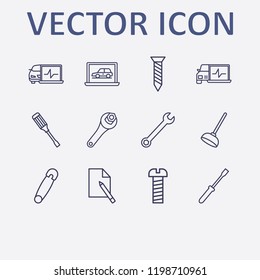 Outline 12 fix icon set. screwdriver, document edit, diagnostic, safety pin, toilet pump and wrench vector illustration