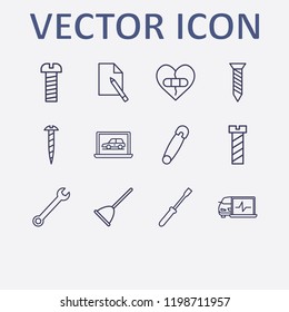 Outline 12 fix icon set. screw, diagnostic, document edit, toilet pump, wrench and safety pin vector illustration