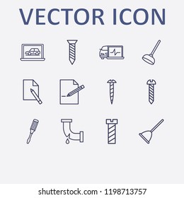 Outline 12 fix icon set. document edit, screwdriver, toilet pump, edit document, broken pipe and screw vector illustration