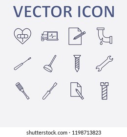 Outline 12 fix icon set. screw, broken pipe, wrench, document edit, diagnostic and screwdriver vector illustration