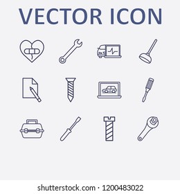 Outline 12 fix icon set. wrench, screwdriver, broken heart with plaster, tool box, screw and document edit vector illustration