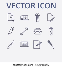 Outline 12 fix icon set. diagnostic, safety pin, edit document, tool box, wrench and document edit vector illustration