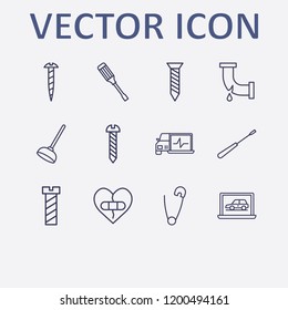 Outline 12 fix icon set. safety pin, diagnostic, toilet pump, broken pipe, screwdriver and broken heart with plaster vector illustration