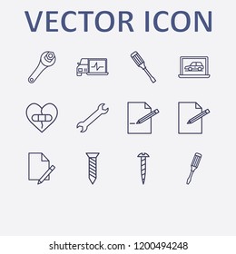 Outline 12 fix icon set. wrench, document edit, screw, screwdriver, diagnostic and broken heart with plaster vector illustration