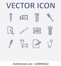 Outline 12 fix icon set. screw, document edit, edit document, broken pipe, screwdriver and safety pin vector illustration