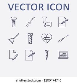 Outline 12 fix icon set. broken pipe, broken heart with plaster, screw, toilet pump, diagnostic and edit document vector illustration