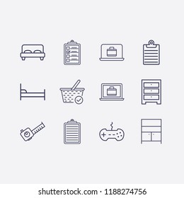 Outline 12 flat icon set. comod, laptop with suitcase, check basket, meters tool, bed, joystick and clipboard vector illustration