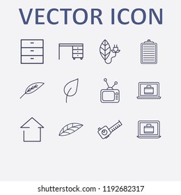 Outline 12 flat icon set. meters tool, laptop with suitcase, clipboard, leaf, tv and comod vector illustration