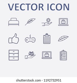 Outline 12 flat icon set. comod, laptop with suitcase, joystick, hand with gift box, leaf and hand with gear vector illustration