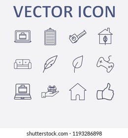 Outline 12 flat icon set. home, thumb up, joystick, hand with gift box, meters tool and leaf vector illustration