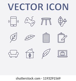 Outline 12 flat icon set. joystick, smartphone vibration, leaf, clipboard, armchair and laptop with suitcase vector illustration