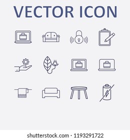 Outline 12 flat icon set. clipboard, towel, backless stool, leaf, hand with gear and smart lock vector illustration