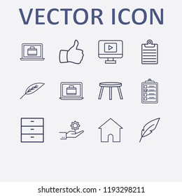 Outline 12 flat icon set. monitor with media player, backless stool, home, clipboard, laptop with suitcase and leaf vector illustration
