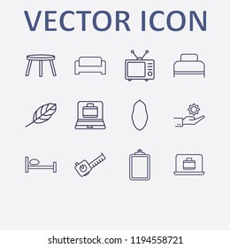 Outline 12 flat icon set. bed, sofa, backless stool, hand with gear, laptop with suitcase and clipboard vector illustration