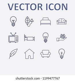 Outline 12 flat icon set. sofa, tv, lamp, home, hand with gift box and bed vector illustration