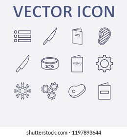 Outline 12 fork icon set. fish canned, restaurant menu, setting, meat, knife and menu vector illustration
