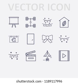 Outline 12 frame icon set. garlands, bow, leaf home, tent, car chassis, film strip, movie clapper, board, door, beer billboard and garland vector illustration