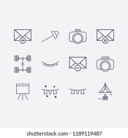 Outline 12 frame icon set. paper pin, garlands, board, remove message, garland, tent, car chassis, photo camera and add message vector illustration