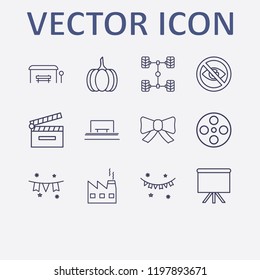 Outline 12 frame icon set. board, factory, garland, no view, bus stop and bow vector illustration
