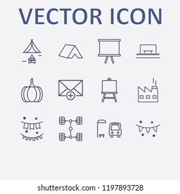 Outline 12 frame icon set. pumpkin, board, factory, painting board, add message and car chassis vector illustration