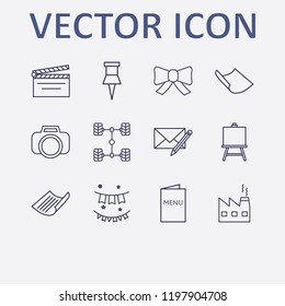 Outline 12 frame icon set. car chassis, menu, paper pin, bow, painting board and factory vector illustration