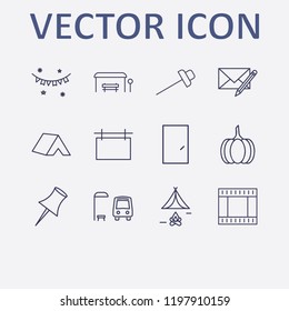 Outline 12 frame icon set. tent, film strip, edit message, door, advertising board and paper pin vector illustration