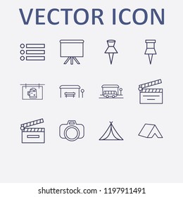 Outline 12 frame icon set. photo camera, beer billboard, menu, board, movie clapper and paper pin vector illustration