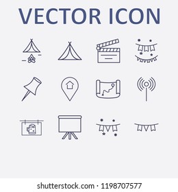 Outline 12 frame icon set. location home, board, beer billboard, garland, paper pin and tent vector illustration