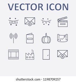 Outline 12 frame icon set. movie clapper, film strip, factory, add message, signal and old map vector illustration
