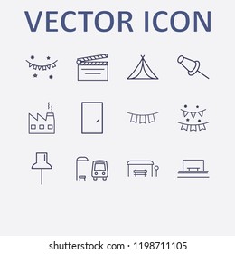 Outline 12 frame icon set. movie clapper, garland, factory, garlands, bus stop and door vector illustration