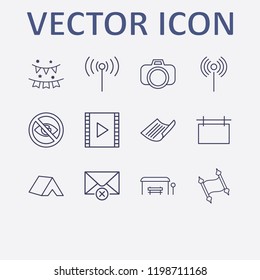 Outline 12 frame icon set. signal, no view, bus stop, photo camera, remove message and advertising board vector illustration