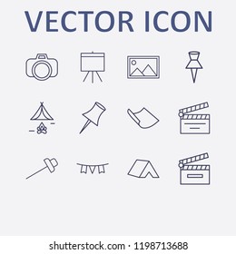 Outline 12 frame icon set. movie clapper, picture, board, paper, tent and photo camera vector illustration