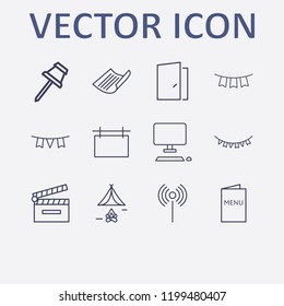 Outline 12 frame icon set. garland, garlands, signal, advertising board, paper pin and menu vector illustration