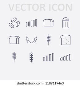Outline 12 grain icon set. bread, coffee bean, salt, signal bars, wheat and spike vector illustration
