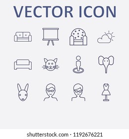 Outline 12 grey icon set. glasses man, elephant, man, armchair, cloudy and sofa vector illustration