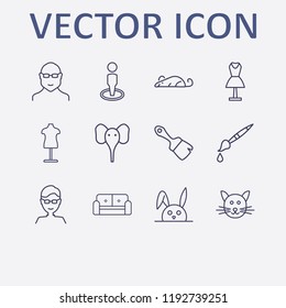 Outline 12 grey icon set. man, rabbit, brush, mannequin, rat and glasses man vector illustration