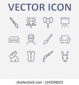Outline 12 grey icon set. brush, armchair, glasses man, rabbit, board and elephant vector illustration