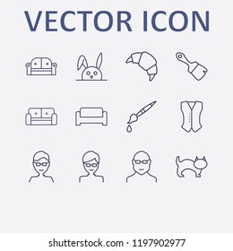 Outline 12 grey icon set. glasses man, rabbit, croissant, cat, sofa and jacket vector illustration