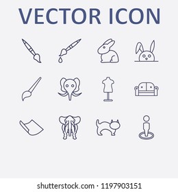 Outline 12 grey icon set. paper, brush, man, sofa, rabbit and cat vector illustration