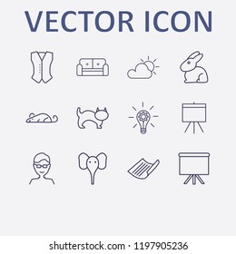 Outline 12 grey icon set. elephant, lamp with gear, rat, cat, cloudy and glasses man vector illustration