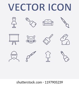 Outline 12 grey icon set. brush, cat, mannequin, rabbit, board and sofa vector illustration